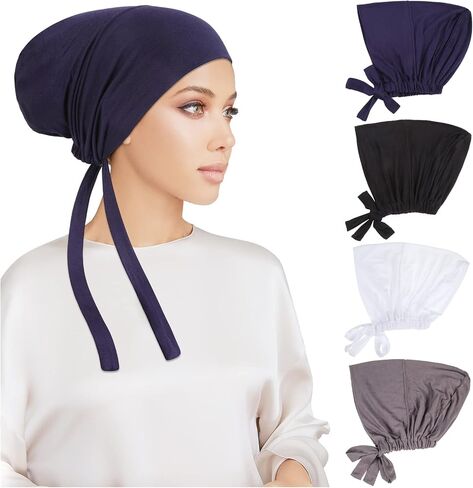 PHOGARY 4 Pcs Women Hijab Undercap, Islamic Muslim Under Hijab Cap Inner Under Scarf Hat Hijab Cap with Tie Back Closure Solid Color Underscarf Hijab Cap Turban Head Wraps for Women Chemo Sleep Cap(C) in Saudi Arabia