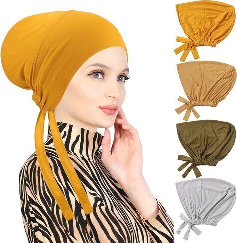 PHOGARY 4 Pcs Women Hijab Undercap, Islamic Muslim Under Hijab Cap Inner Under Scarf Hat Hijab Cap with Tie Back Closure Solid Color Underscarf Hijab Cap Turban Head Wraps for Women Chemo Sleep Cap(C) in Saudi Arabia
