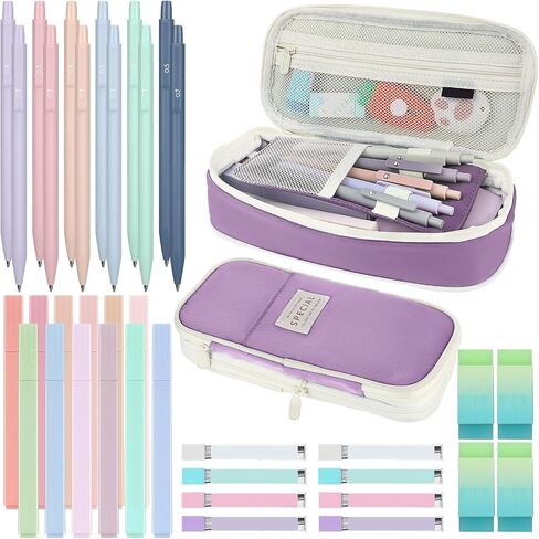 Teling 37 Pcs Aesthetic School Supplies includes Cute Pencil Case 12 Pcs 0.5 Mm/ 0.7 mm Mechanical Pencil 4 Pcs Erasers 8 Tubes Pencil Refills 12 Pcs Cute Highlighters for Girls School (Dark Blue) in Kuwait