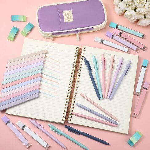Teling 37 Pcs Aesthetic School Supplies includes Cute Pencil Case 12 Pcs 0.5 Mm/ 0.7 mm Mechanical Pencil 4 Pcs Erasers 8 Tubes Pencil Refills 12 Pcs Cute Highlighters for Girls School (Dark Blue) in Kuwait