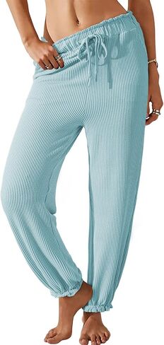 Dokotoo Womens Casual Pants Drawstring Textured 2024 High Waisted Ribbed Fall Long Carrot Baggy Trousers with Pockets in Saudi Arabia