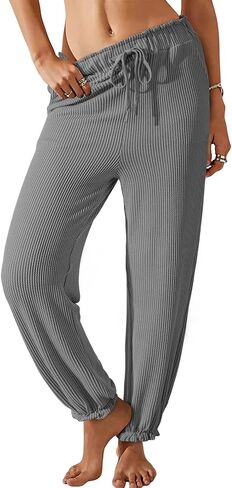 Dokotoo Womens Casual Pants Drawstring Textured 2024 High Waisted Ribbed Fall Long Carrot Baggy Trousers with Pockets in Saudi Arabia