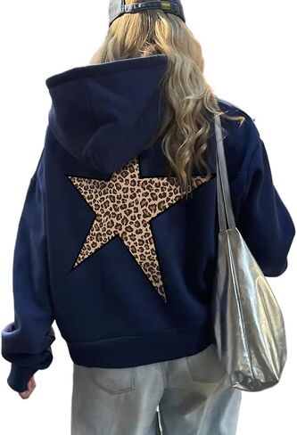 heyheyshine Star Graphic Hoodies Oversized Y2k Leopard Print Hooded Sweatshirt Cheetah Hoodie Streetwear Unisex Pullover Tops in Kuwait