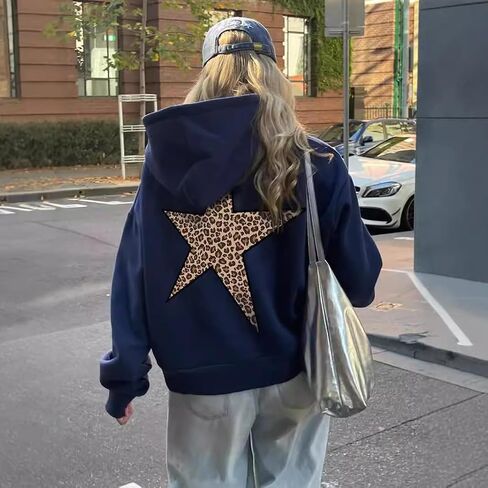heyheyshine Star Graphic Hoodies Oversized Y2k Leopard Print Hooded Sweatshirt Cheetah Hoodie Streetwear Unisex Pullover Tops in Kuwait