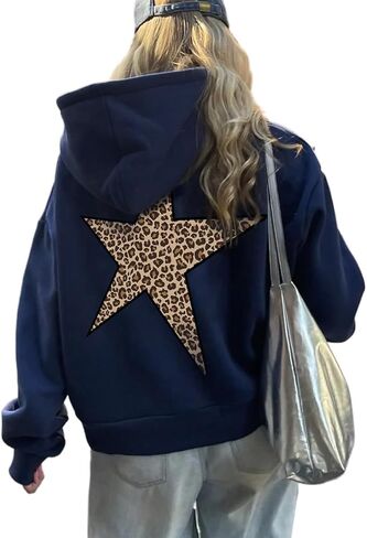 heyheyshine Star Graphic Hoodies Oversized Y2k Leopard Print Hooded Sweatshirt Cheetah Hoodie Streetwear Unisex Pullover Tops in Kuwait