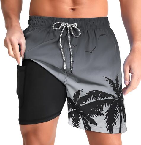 zeetoo Mens Swim Trunks with Compression Liner 5" Inseam Quick Dry Beach Shorts with Zipper Pockets in Saudi Arabia