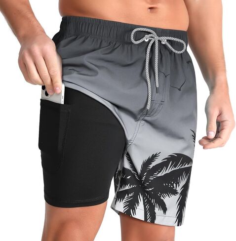 zeetoo Mens Swim Trunks with Compression Liner 5" Inseam Quick Dry Beach Shorts with Zipper Pockets in Saudi Arabia