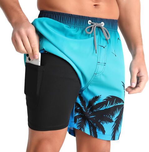 zeetoo Mens Swim Trunks with Compression Liner 5" Inseam Quick Dry Beach Shorts with Zipper Pockets in Saudi Arabia