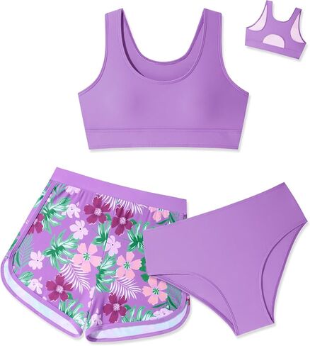 Girls Swimsuit 3 Piece Bikini Set with Shorts Tropical Floral Print Bathing Suit Girls' Swimwear 7-16T in Saudi Arabia