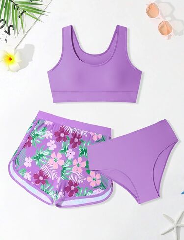 Girls Swimsuit 3 Piece Bikini Set with Shorts Tropical Floral Print Bathing Suit Girls' Swimwear 7-16T in Saudi Arabia