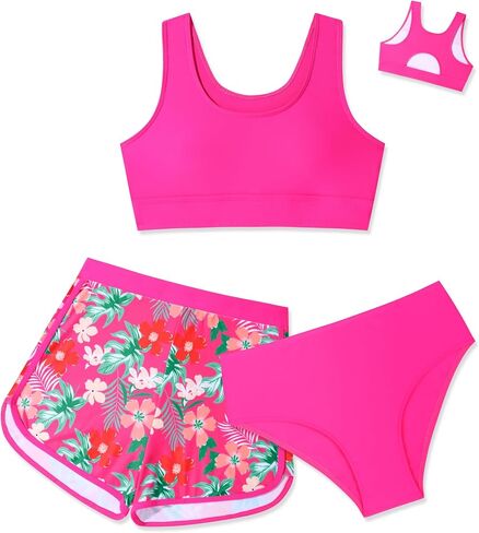 Girls Swimsuit 3 Piece Bikini Set with Shorts Tropical Floral Print Bathing Suit Girls' Swimwear 7-16T in Saudi Arabia