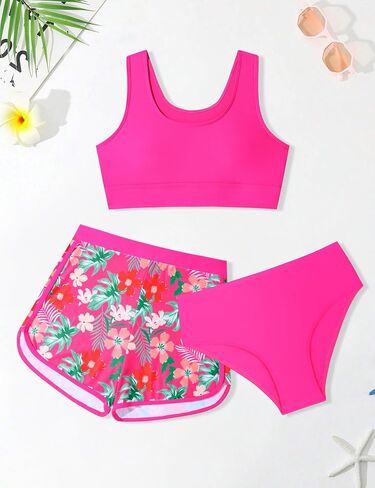 Girls Swimsuit 3 Piece Bikini Set with Shorts Tropical Floral Print Bathing Suit Girls' Swimwear 7-16T in Saudi Arabia