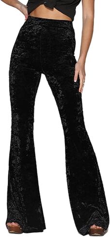 SEMATOMALA Women's Velvet Elastic Waist Flare Leg Palazzo Long Pants Ribbed Stretchy Slim Bodycon Bell Bottom Trousers in Kuwait