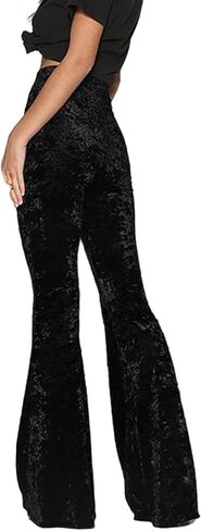 SEMATOMALA Women's Velvet Elastic Waist Flare Leg Palazzo Long Pants Ribbed Stretchy Slim Bodycon Bell Bottom Trousers in Kuwait