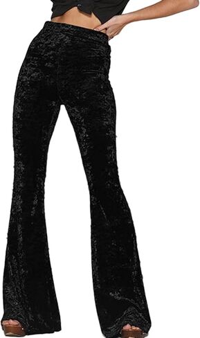 SEMATOMALA Women's Velvet Elastic Waist Flare Leg Palazzo Long Pants Ribbed Stretchy Slim Bodycon Bell Bottom Trousers in Kuwait