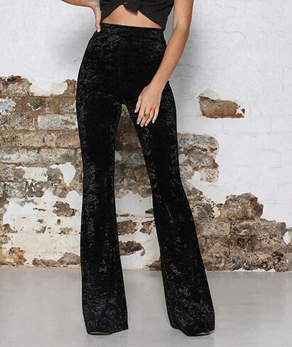 SEMATOMALA Women's Velvet Elastic Waist Flare Leg Palazzo Long Pants Ribbed Stretchy Slim Bodycon Bell Bottom Trousers in Kuwait