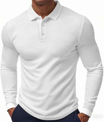 Mens Polo Shirts Long Sleeve Golf Shirt Casual Button Down Shirt Lightweight Collared Waffle Shirts in Saudi Arabia