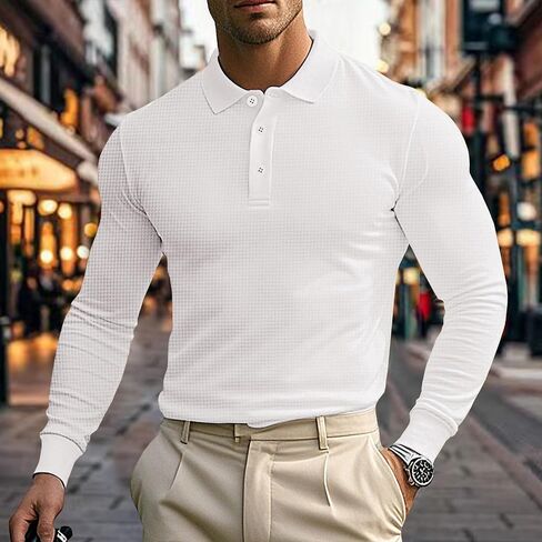 Mens Polo Shirts Long Sleeve Golf Shirt Casual Button Down Shirt Lightweight Collared Waffle Shirts in Saudi Arabia