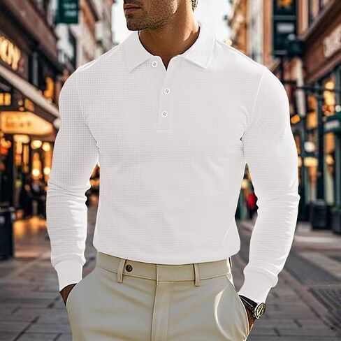 Mens Polo Shirts Long Sleeve Golf Shirt Casual Button Down Shirt Lightweight Collared Waffle Shirts in Saudi Arabia