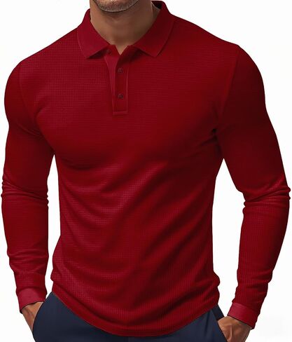 Mens Polo Shirts Long Sleeve Golf Shirt Casual Button Down Shirt Lightweight Collared Waffle Shirts in Saudi Arabia