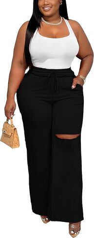 2 Piece Sets for Women Lounge Sweatsuit Crop Tops Drawstring Ripped Wide Leg Pants with Pockets 2024 Tracksuit in Saudi Arabia