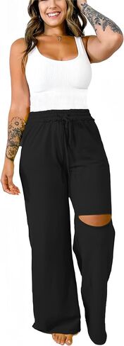 2 Piece Sets for Women Lounge Sweatsuit Crop Tops Drawstring Ripped Wide Leg Pants with Pockets 2024 Tracksuit in Saudi Arabia
