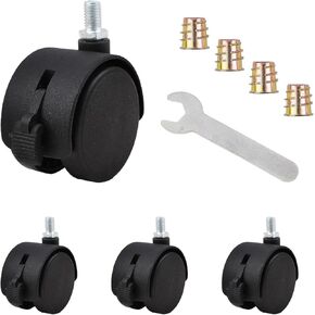 INCREWAY 4Pcs 2Inch Nylon Caster Wheels with Brake, Black Swivel Castor Wheels with M7.5 Threaded Stem Nut and Spanner, Black