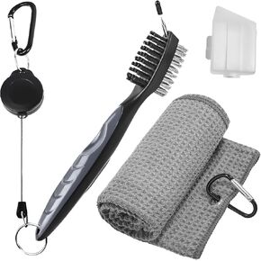 Golf Towel and Club Brush Set, 16"x24" Microfiber Gray Pattern Towel, Dual-Sided Steel Wire Brush with Retractable 25" Cord and Keychain, Premium Golf Accessories (Gray Towel + Black Brush)