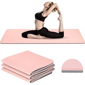 Foldable Travel Yoga Mat with Strap & Carrying Bag, TPE Pilates Mat Yoga Mats for Women Packable Lightweight 6mm Thick Exercise Mat, Non Slip Folding Exercise Mat for Home Workout