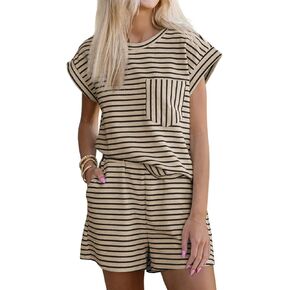 Tankaneo Womens 2 Piece Lounge Sets Striped Summer Outfits Cap Sleeve Tops and Elastic Waist Shorts Matching Set