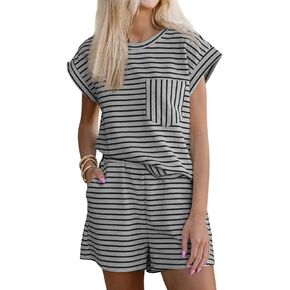Tankaneo Womens 2 Piece Lounge Sets Striped Summer Outfits Cap Sleeve Tops and Elastic Waist Shorts Matching Set