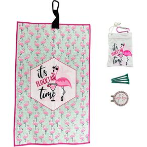 Par 3 Pack for Women, Microfiber Waffle Weave Golf Towel, Tee Bag with 4 Tees and Bling Ball Marker with Magnetic Hat Clip (Flamingos)
