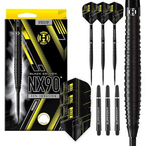 Harrows NX90 Black Edition 90% Tungsten Steel Tip Darts Set 21g, 22g, 23g, 24g, 25g & 26g - Includes Black Supergrip Midi Shafts & Micron NX90 Flights-26