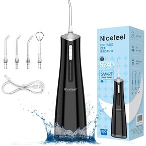 Nicefeel Water Dental Flosser Pick for Teeth 3 Modes Cordless Portable Water Teeth Cleaner Ipx7 Waterproof Oral Irrigator 300ml Tank Water Teeth Cleaner Rechargeable Flossing (Black, 3 Modes)