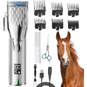 Horse Clippers, Cordless Trimmers Grooming Kit with 2500mAh Battery，Low Noise Heavy Duty Body Clipping Machine with LED Display, Suitable for Horse, Cattle, Cat, Dog with Thick/Tangled Coat