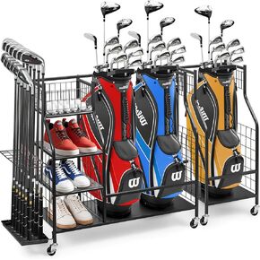Golf Storage Garage Organizer, Golf Bag Stand for Golf Clubs, Golf Balls, Golf Equipment Accessories, Extra Storage Rack for Golf Clubs with Wheels