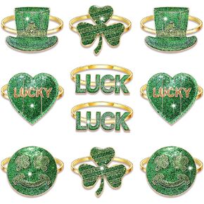 9PCS St.Patrick’s Day Napkin Rings, Glitter Green Shamrock Napkin Rings Irish Luck Heart Hat Napkin Holder Rings for Table Place Setting Irish Holiday Table Decorations (10PCS Mixed)