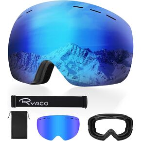 Ryaco Ski Snowboard Goggles, OTG Anti-Fog,100% UV Protection Spherical Frameless Snow Goggles, for Men Women Youth Adult