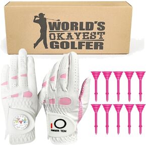 FINGER TEN Golf Gloves Women Left Hand for Right Handed Golfer Leather with Ball Marker 10 Pink Tees 3 1/4 Inch Gift Box