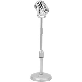 Retro Microphone Props Liftable Realistic Lightweight Fake Vintage Microphone Model Toy Prop with Stand for Shooting Cosplay Costume & Role Play (Silver)