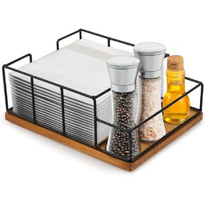 Wooden Base Cast Iron Tissue Holder, Seasoning Holder, Two-Compartment Restaurant Tissue Tray, Seasoning Storage Rack. Metal Napkin Holder Modern Napkin Dispenser