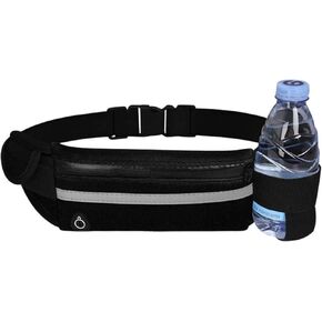 QWEQWE Running Belt with Water Bottle Holder,Sweatproof and Waterproof, Sports Fanny Pack with Holder, Machine Washable,Can Hold Cash Keys Cards Phone(Black) Large