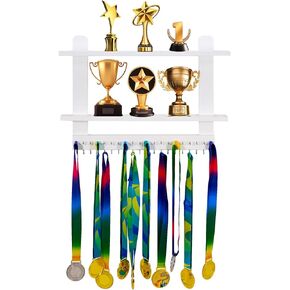 GENMOUS White Large Medal Hanger Trophy Shelf, Wall Mounted White Race Medal Display 2 Tier Storage Shelf, Medal Holder Trophy Rack with Hanging Hooks for Gymnastics,Soccer,Running Medals Awards Rack