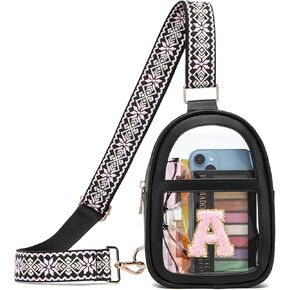 Clear Bag for Stadium Events | Clear Crossbody Bag for Women | Clear Purse Bag with Chenille Initial A Patch for Concerts Sports Festivals, Black