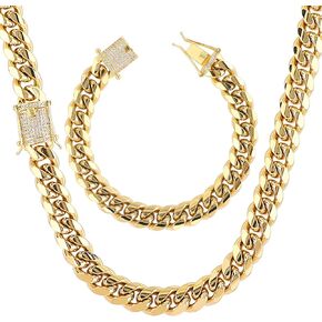 putouzip Miami Cuban Link Chain Set For Men 18K Gold Plated Stainless Steel 10/12mm Curb Bracelet Necklace Diamond Chains