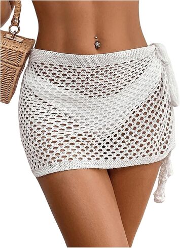 SHENHE Women's Crochet Coverups Hollow Out Tie Side See Through Boho Mini Skirt in Saudi Arabia