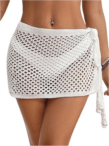SHENHE Women's Crochet Coverups Hollow Out Tie Side See Through Boho Mini Skirt in Saudi Arabia