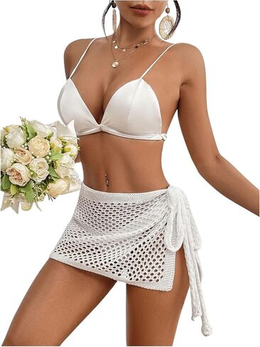 SHENHE Women's Crochet Coverups Hollow Out Tie Side See Through Boho Mini Skirt in Saudi Arabia