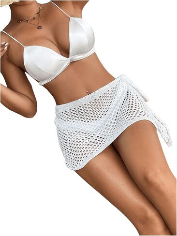 SHENHE Women's Crochet Coverups Hollow Out Tie Side See Through Boho Mini Skirt in Saudi Arabia
