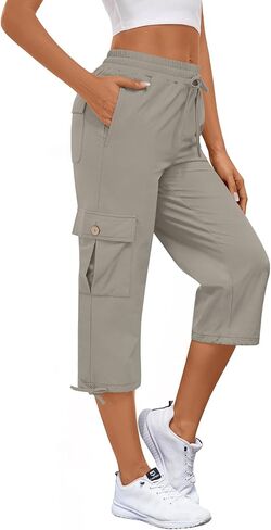 بنطال Bestbee Cargo Capris للتنزه سيرًا على الأقدام للنساء، خفيف الوزن وسريع الجفاف في الهواء الطلق، بنطال كاجوال رياضي للسفر مع 6 جيوب in Kuwait